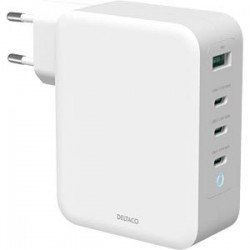 Deltaco USB-C wall charger, 1x USB-A, 3x USB-C, total 130 W, white