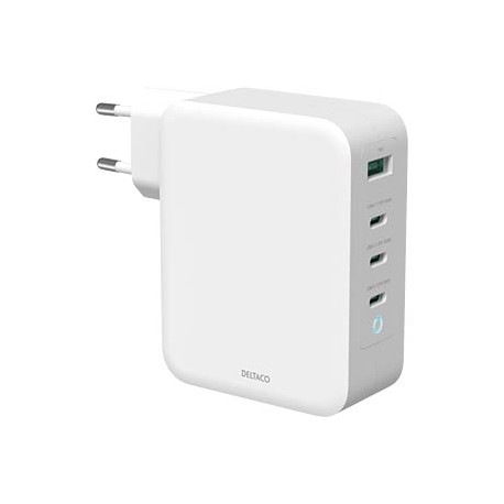 Deltaco USB-C wall charger, 1x USB-A, 3x USB-C, total 130 W, white