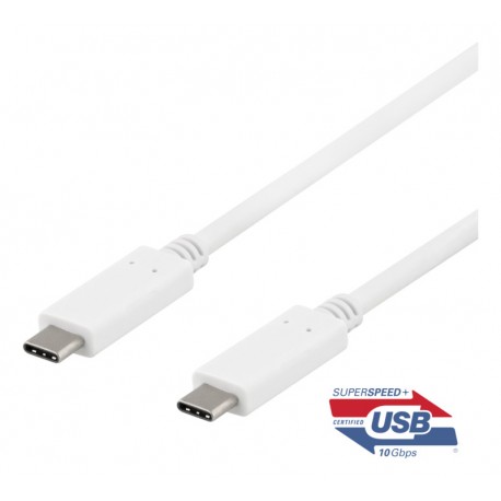 Deltaco USB-C til USB-C Kabel, 1 Meter, USB3.1 Gen2 100W, Hvid