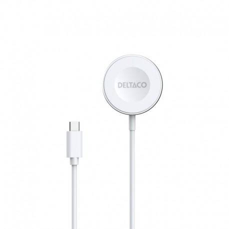 Deltaco Apple Watch/Galaxy Watch wireless charger, 1 m fixed USB-C cable, hvid